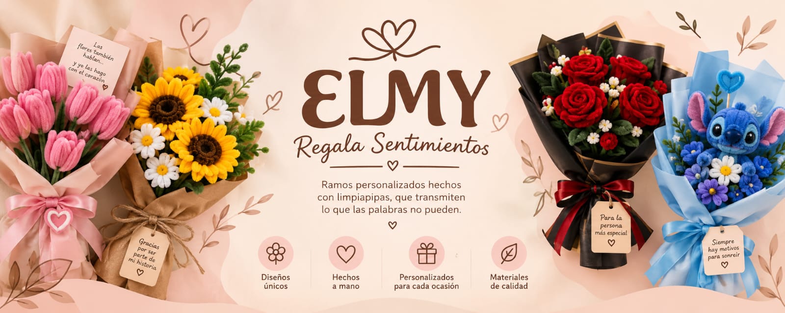 Banner ELMY: arreglos florales artesanales en varios estilos