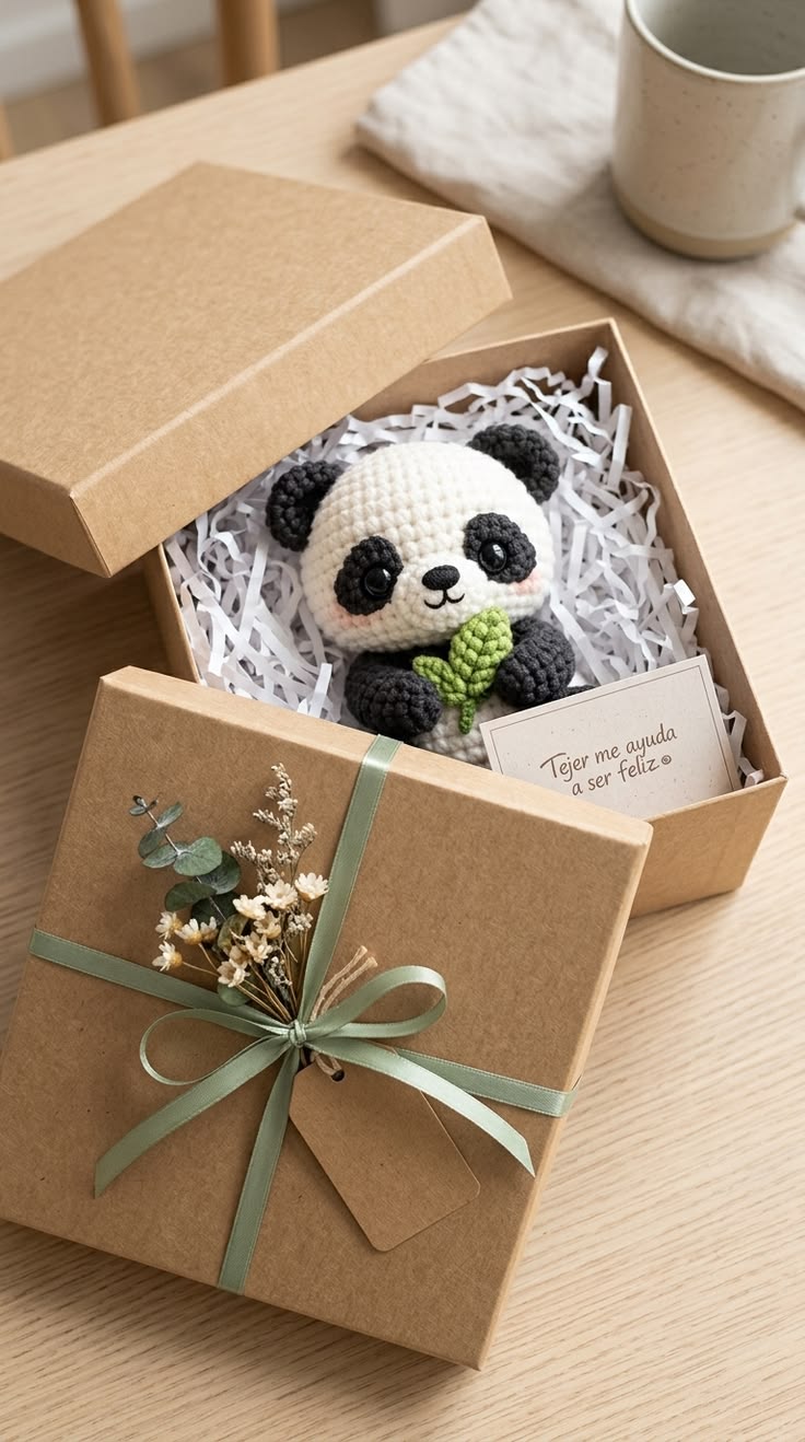 Box minimalista con panda tejido